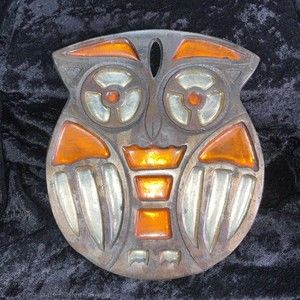 Vitg Cast Iron and Stained Glass Owl Trivet Wall Hanging orange and yellow glass